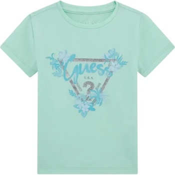 GUESS Зелена тениска със сребристо лого Guess с глитери и цветя за момиче