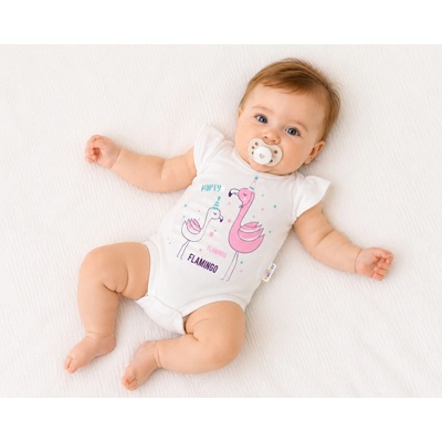 Baby Nellys Bavlněné kojenecké body kr. rukáv Flamingo bílé