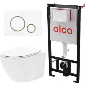 Rune Комплект казанче за WC с вграждаща рамка Alca AM101/1120 и бутон Thin M775, бяло-златно, плюс бяла тоалетна чиния Rune Ivaldi с капак softclose (AM101/1120+M775+5940541330400)