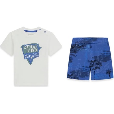 Guess Бяла тениска със сини детайли и сини къси панталони с палми за бебе момче Guess