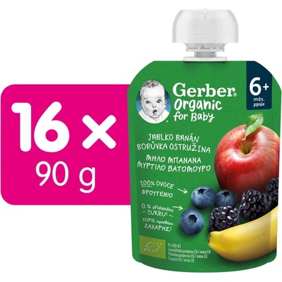 Gerber Organic vrecúško jablko banán čučoriedka a černica 16 x 90 g