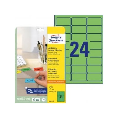 Etikety Avery odnímateľné 63,5x33,9 mm, zelené