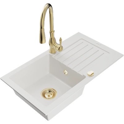 Mexen Pablo мивка от гранит с 1 камера с отцедник и кухненски смесител Savita, бял - 6510-20-672601-50 (6510-20-672601-50)