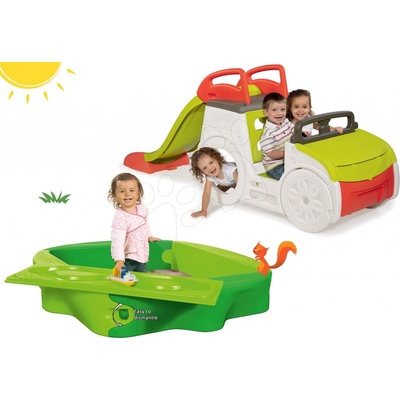 Smoby set detská preliezačka Adventure Car so šmykľavkou a pieskovisko s krytom a vodnou dráhou 840200-26