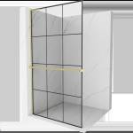 Mexen Kioto+ L Душ екран с рафт Walk-in 120 x 200 см, черна решетка, злато четкано - 800-120-123-55-77 (800-120-123-55-77)