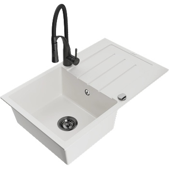 Mexen Bruno гранитна мивка с 1 отделение с отцедник и кухненски смесител Aster, бял - 6513-20-73450-70-B (6513-20-73450-70-B)