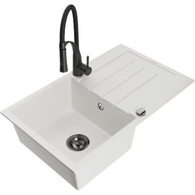 Mexen Bruno гранитна мивка с 1 отделение с отцедник и кухненски смесител Aster, бял - 6513-20-73450-70-B (6513-20-73450-70-B)