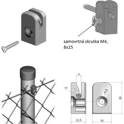 Úchytka napínacího drátu se samořezným šroubem M4, 8 x 25 mm, černá