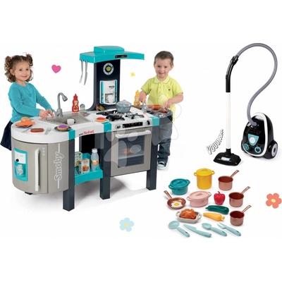 Smoby set tyrkysová kuchyňka Tefal French Touch se zvuky vysavač elektronický a hrnce a nádobí 100% Chef 311206-27