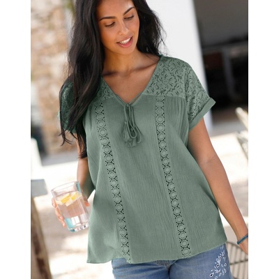 Krepónová blúzka s macramé khaki