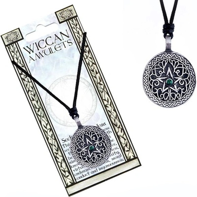 Šperky eshop Černá šňůrka na krk a přívěsek ornamenty v kruhu, hvězda, zelený zirkon AC2.10