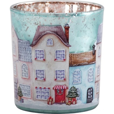 Modrý skleněný svícen vesnička domky Village S - Ø 7*8 cm - Clayre & Eef