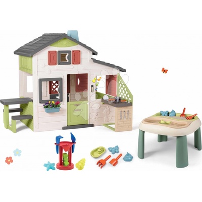 Smoby Set domček Priateľov a stolík na vodu a piesok s mlynom Friends House Life s kuchynkou a elektronickým zvončekom