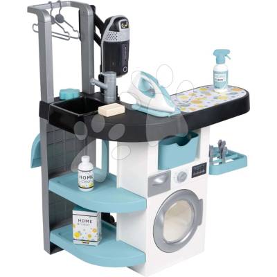 Smoby Prádelna s pračkou s předním plněním Rowenta Wash&Clean Laundry s elektronickým vysavačem se zvukem a žehličkou 17 doplňků