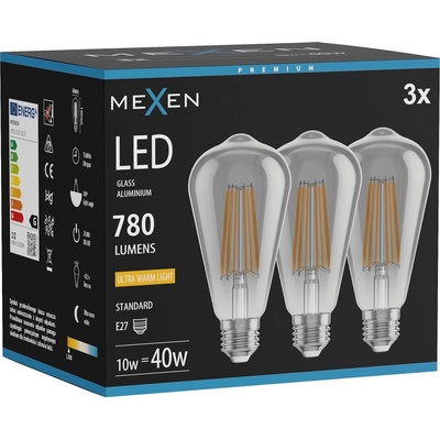 Mexen Vintis 3x Филаментна LED крушка E27, ST64, 10W, Топла - 2200K, 780 lm, опушена (L152-E27-1022-70x03)