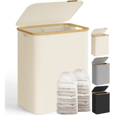 SONGMICS Laundry Basket with Lid, Laundry Hamper with 2 Compartments, 130L, Removable Laundry Bag, Oxford Fabric, Bamboo Handles, Foldable, 52 x 38.5 x 70.5 cm, Cream White LCB513W01 - LCB513W01V1