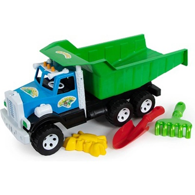 Bamsic ДЕТСКИ КАМИОН САМОСВАЛ С ЛОПАТА, ГРЕБЛО И ФИГУРКА ЗА ПЯСЪК