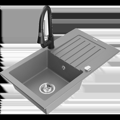 Pablo гранитна мивка с 1 камера с отцедник и кухненски смесител Elia, сив - 6510-71-670101-70 (6510-71-670101-70)