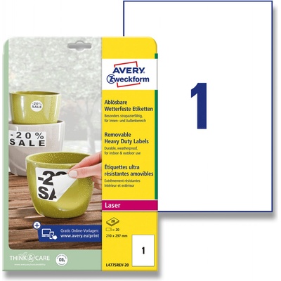 Avery Zweckform L4775REV-20 nepermanentní PET etikety 210 x 297 mm 20 etiket bílá