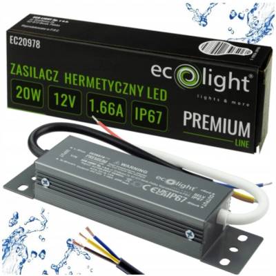 HERMETICKÝ NAPÁJECÍ ZDROJ LED 20W 12V 1.66A IP67 PREMIUM ECOLIGHT PRO PÁSKY SVÍTIDLA