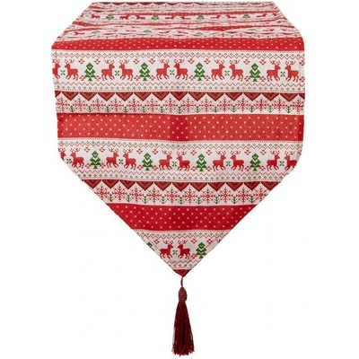 Clayre & Eef Červený běhoun se střapcem a jeleny Christmas Rustic 33x180 cm
