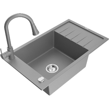 Mexen Elias еднокамерен гранитен мивка с отцеждач и кухненски смесител Elia, сив - 6511-71-670101-71 (6511-71-670101-71)