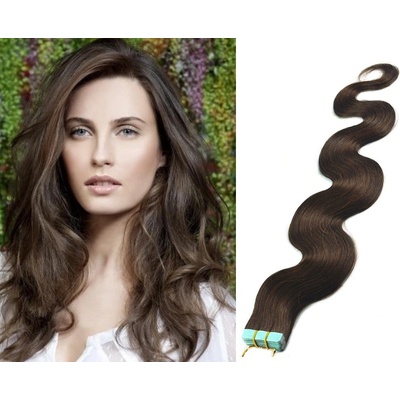 Vlasy pro metodu Pu Extension / TapeX / Tape Hair / Tape IN 60cm vlnité - tmavo hnedé