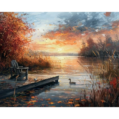 ZUTY Obrazy na stenu - KAČICA V RÁKOSÍ, MÓLO A ZÁPAD SLNKA NA JESEŇ Rámovanie: bez rámu a bez vypnutia plátna, Rozmer: 40x50 cm