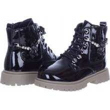Lakované zateplené dívčí kotníkové boty kozačky se zavazováním a ozdobou černé