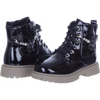 Lakované zateplené dívčí kotníkové boty kozačky se zavazováním a ozdobou černé