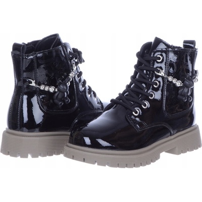Lakované zateplené dívčí kotníkové boty kozačky se zavazováním a ozdobou černé