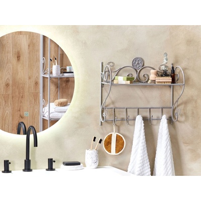 Beliani Nástenná kúpeľňová polica sivá kovová 42 x 47 cm s háčikmi vintage dizajn doplnky do kúpeľne
