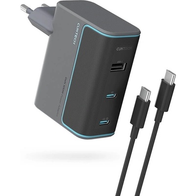 Захранване за ел. мрежа за мобилни устройства с 2xUSB-C и 1xUSB-A изходи и USB-C кабел - Cuktech GaN Fast Wall Charger 100W With USB-C Cable (сив) (CUKAD1003EUG)