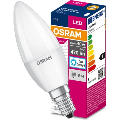 Osram VALUE CLB40, E14, 470lm, 5.5W, 865 studená bílá, matná svíčka