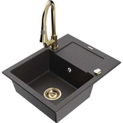 Mexen Enzo гранитна мивка с 1 камера и отцедник с кухненски смесител Elia, черен пъстрен - 6506-76-670101-50 (6506-76-670101-50)