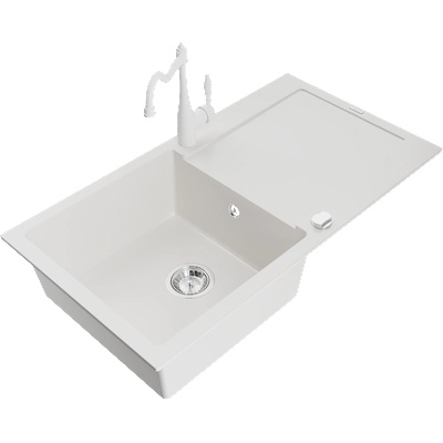 Mexen Leo гранитна мивка с една камера и отцедник и кухненски смесител Carla, бял - 6501-20-670700-20 (6501-20-670700-20)