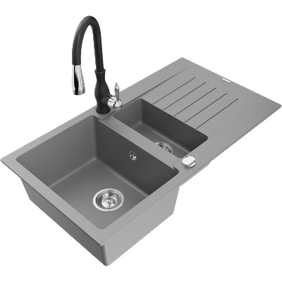 Mexen Matias гранитна мивка с 1, 5 камери с отцедник и кухненски смесител Savita, сива - 6502-71-672601-70 (6502-71-672601-70)