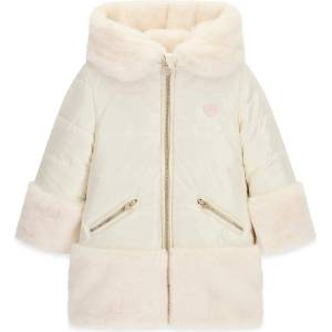 GUESS Двулицево детско зимно палто Guess с качулка и пухкав еко косъм в цвят екрю