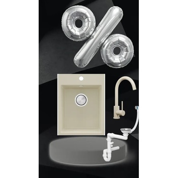 Твоят Стил Бежова кухненска гранитна мивка Рига 40 XL 380 x 500 мм, Смесител 5010, Сифон