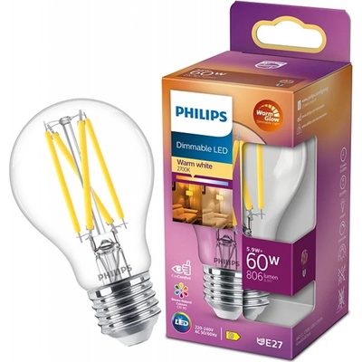 Philips LED žiarovka E27 A60 5,9W = 60W 806lm 2700 Warm Filament Stmievateľná