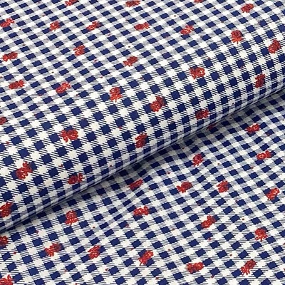 Bavlněné plátno P0487 modro-bílé káro, červené tečky a kytky, š.140