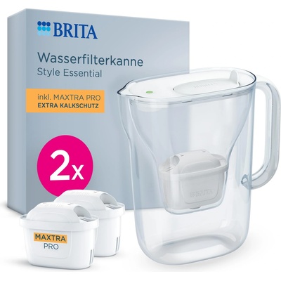 BRITA water filter jug Style Essential white (2.4l) incl. 2x BRITA MAXTRA PRO extra limescale protection - refrigerator-suitable filter jug with Smart Light LED & folding lid, filters impurities & more - 142384