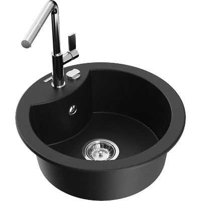 Mexen Diego еднокоморна гранитна мивка с кухненски смесител Flora, черна - 6512-77-670401-00 (6512-77-670401-00)