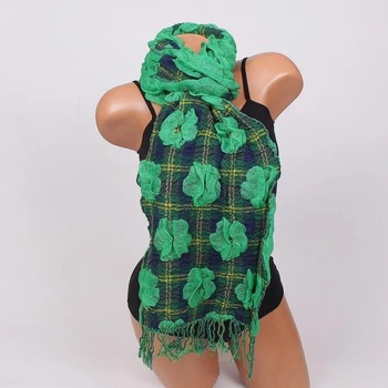 Image 1 of Ефектен шал с кариран десен в зелено и жълто с цветя