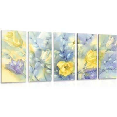 5-dílný obraz akvarelové žluté tulipány - 150x75