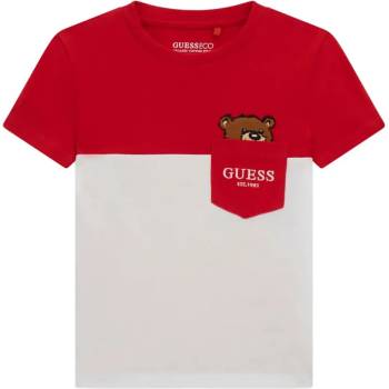 GUESS Двуцветна тениска за мини момче в червено и бяло с джоб и сладко мече Guess