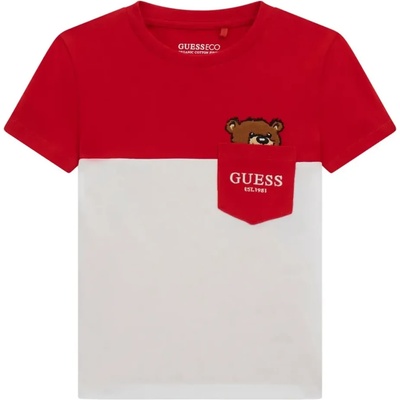GUESS Двуцветна тениска за мини момче в червено и бяло с джоб и сладко мече Guess