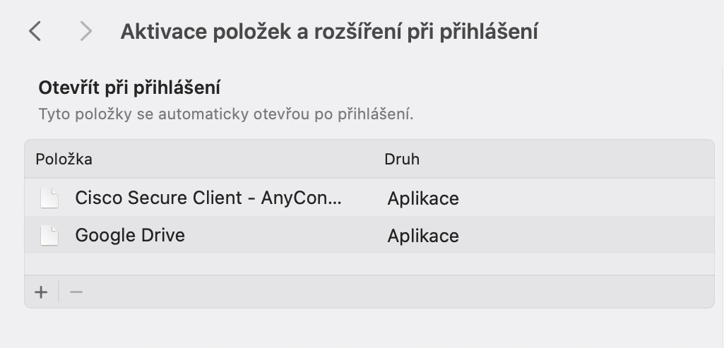 Screenshot Aktivace položek a rozšíření při přihlášení