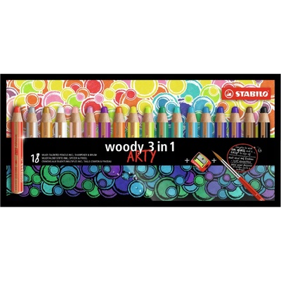 Stabilo Pastelky STABILO woody 3 v 1 ARTY- barvička vodovka voskovka- 18 ks + ořezávátko+štětec 451918 – Zboží Dáma