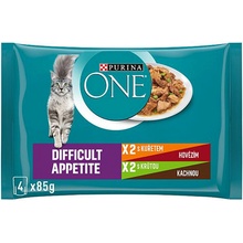 PURINA ONE DIFFICULT APPETITE mini filetky kura a hovädzie morka a kačica 4 x 85 g